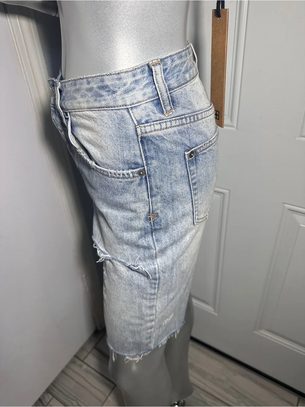 Ksubi Brooklyn Ripped Denim Bermuda Shorts 24 Blue Relaxed Mid Rise Long Jorts